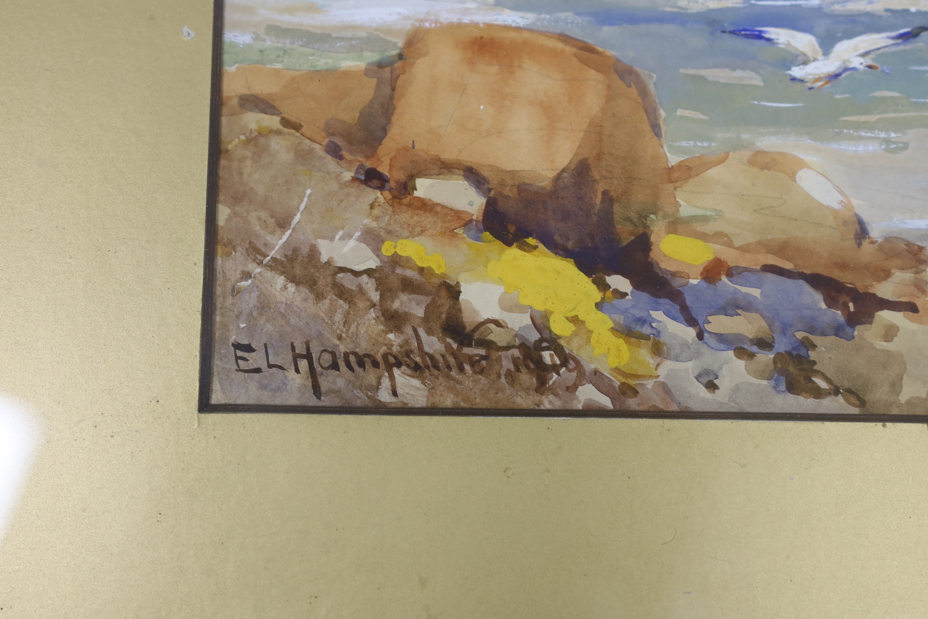 E.L. Hampshire (1919), pair of heightened watercolours, 'The Sunny Cornwall Coast' and 'Stormy Weather, on the Manx coast', 50 x 32cm